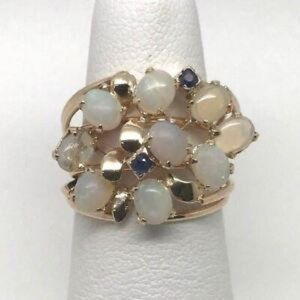 14k Yellow Gold Oval Opals & Round Blue CZ Stone Ring Size 5.75